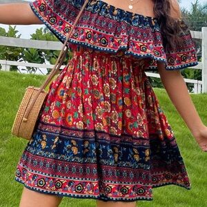 SHEIN Red and Blue Floral Off-Shoulder Dress